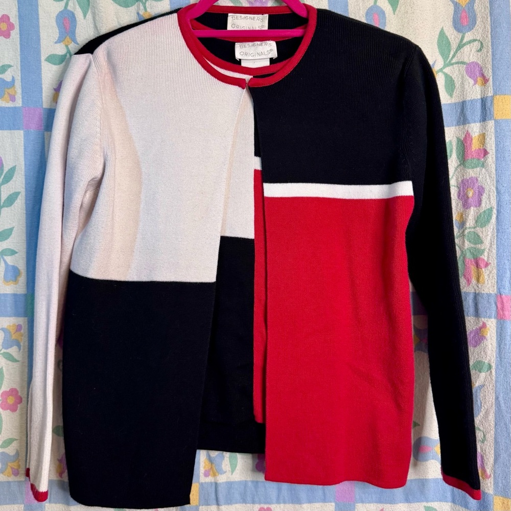 Vintage Designers Originals Black And Red Color Block Tank Top And Cardigan